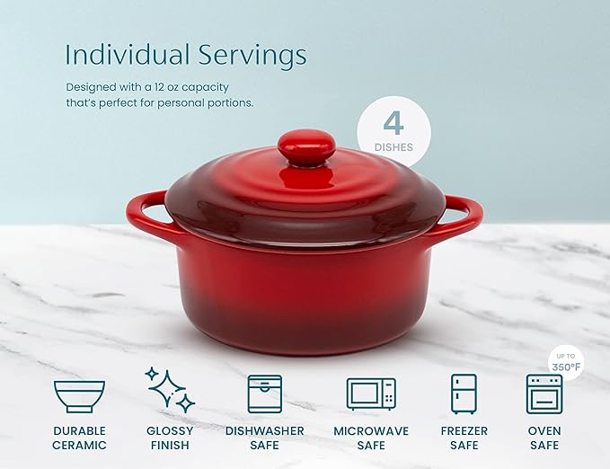 Kook Ceramic Mini Cocotte Set, Small Casserole Dishes with Lids and Handles, Individual Baking Ramekins, Oven safe 500F, Microwave & Dishwasher Safe, Stoneware, 12 oz, Set of 4, (Crimson Ombre)
