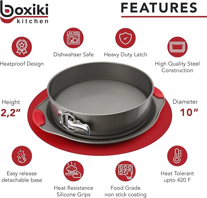 Boxiki Kitchen 10 Inch Nonstick Springform Pan, Professional Spring Form and Cheesecake Baking Mold, Leakproof Cake Pan with Silicone Handles