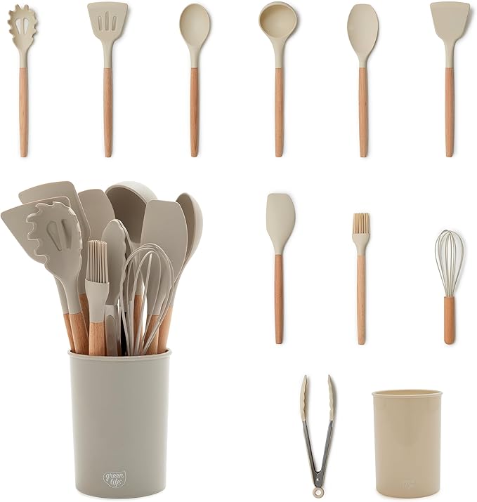 GreenLife 11 Piece Silicone Utensil Crock Set, Nonstick Kitchen Tools, Ladle, Turner, Slotted Turner, Spatula, Spoon, Spaghetti Server, Brush, Whisk, Tongs, Crock, Taupe