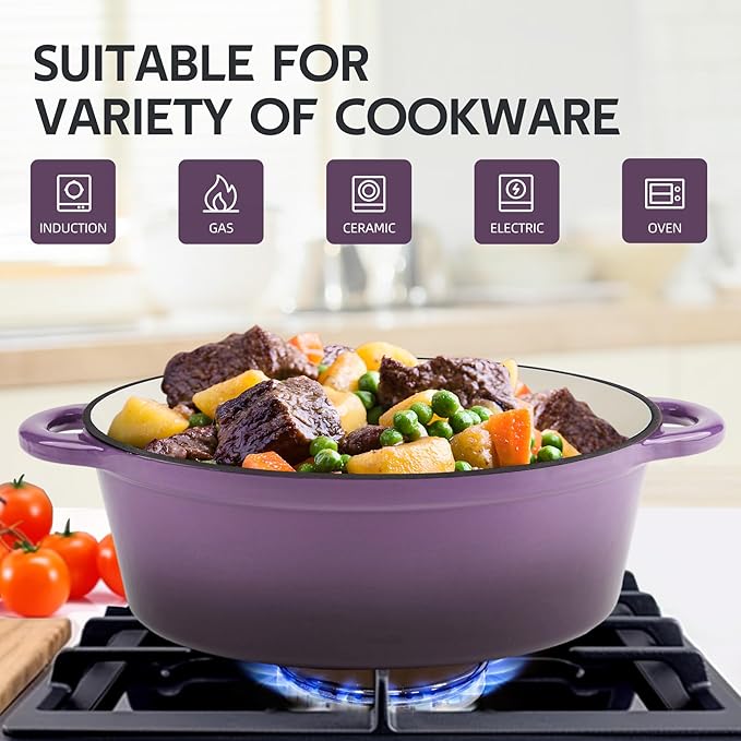 5.5 Quart Oval Enameled Cast Iron Dutch Oven Pot with Lid, Oven Safe up to 550° F & Dishwasher Safe, Sturdy Dutch Oven Cookware (Purple, 5.5 QT)