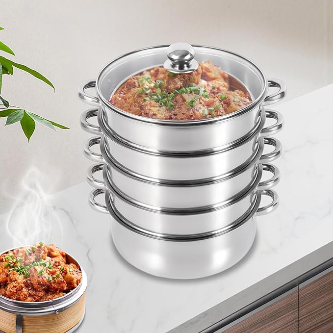 5-Layer Stainless Steel Steamer, 30CM Commercial Food-Grade Steamer Cookware Steaming Pot Tool w/Glass Lid Foods Steamers for Induction Cookers, Electric Ceramic Stoves, Gas Stoves (Silver, 30CM)