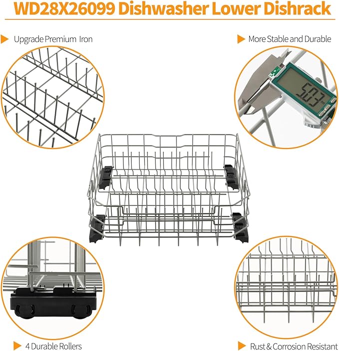 Upgraded WD28X34744 Dishwasher Lower Rack Replacement for GE Dishwasher Rack Parts WD28X26099 GDF510PSROSS GDT645SSN2SS Dishrack General Electric Dishwasher Bottom Rack Assembly Wheels Rollers