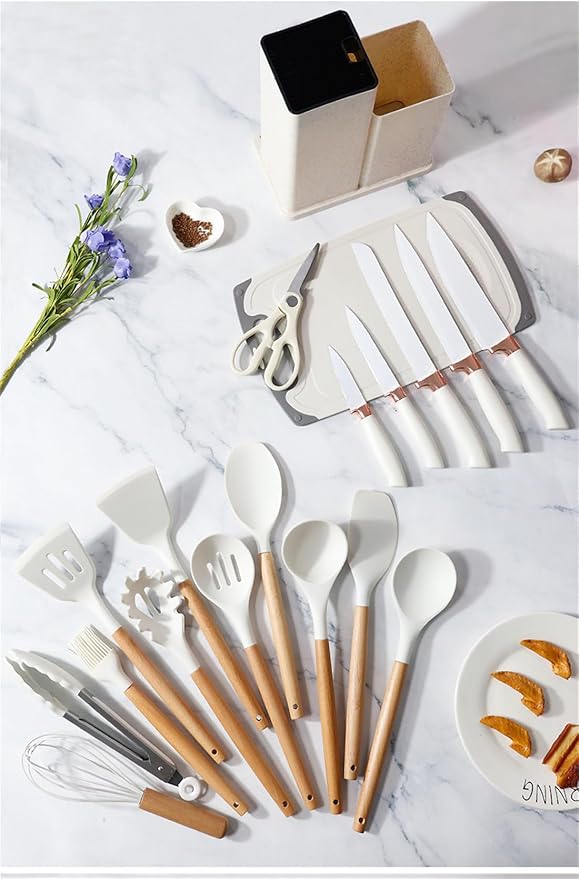 19 Pieces Kitchen Utensils and Knife Set with Block, Inldued 9 Pieces Silicone Cooking Utensils Set 5 Pieces Sharp Stainless Steel Chef Knives Scissors Whisk Tongs and Cutting Board (BEIGE)