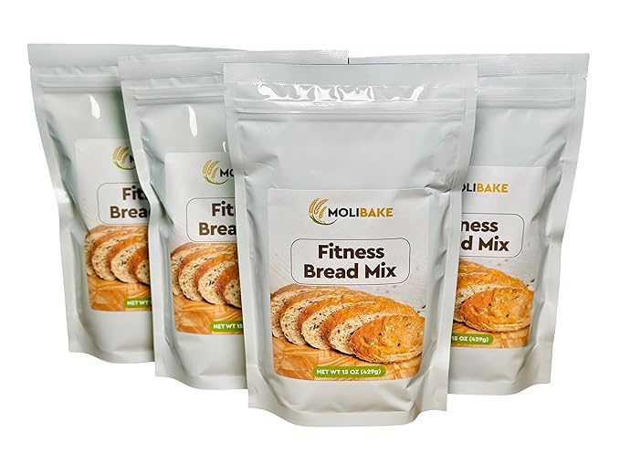 Molibake Fitness Bread Mix – Pack of 4 – All-Natural High-Fiber Bread Mix for Bread Machine and Oven – 15 oz – Whole Grain Breads Mix with Carrots, Oats, Flax, Sunflower & Sesame Seeds – Easy-to-Use Bread Maker Mix for Homemade Baking
