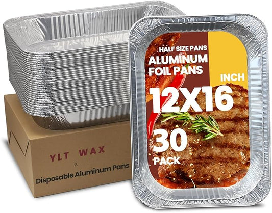 YLT WAX 12x16 Aluminum Foil Pans, 30 Pack Disposable Full Size Large Baking Pan for Roasting, Restaurants, Cooking, Heating, Buffets