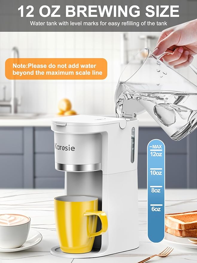 Small Single Serve Coffee Maker, Fast Brew for K-Cup & Ground Coffee, 6-12 Oz Brew Sizes, One-Button Single Cup Coffee Maker, Coffee Machine with Descaling Reminder,White