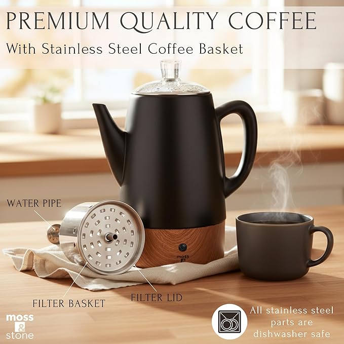 Moss & Stone 10 Cup Black Percolator Coffee Pot Electric, Stainless Steel Coffee Percolator Electric With Keep Warm Function, Classic Perculator Pot With Removable Basket for Home or Office