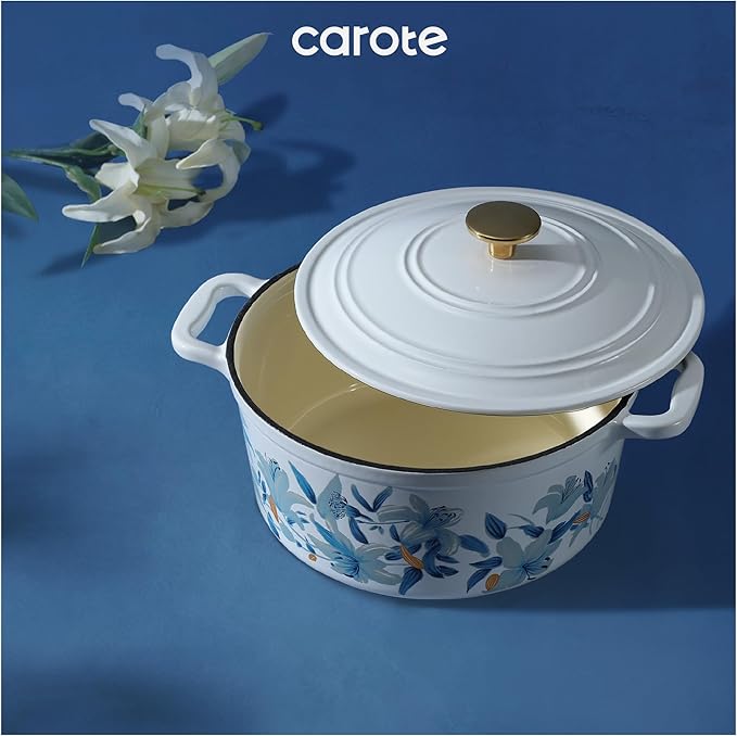 CAROTE 5 QT Cast Iron Dutch Oven Pot with Lid, Enameled Floral Dutch Ovens with Cotton Potholders & Oven Gloves, Gift Box, Cast Iron Pot for Sourdough Bread Baking, Braising, Stews, Roasting, Dual Handles, All Stovetop Compatible, Oven Safe up to 500° ...
