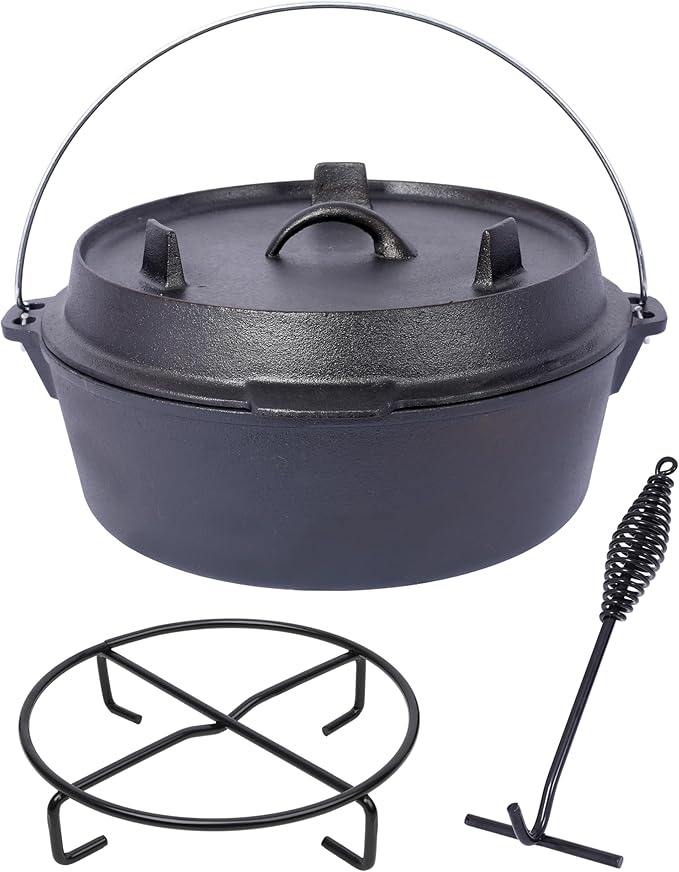12 Quart Camping Dutch Oven, Pre-Seasoned Cast Iron Camp Dutch Oven Pot With Skillet Lid, for Use in the Oven, on the Stove, Grill, or over the Campfire - Metal Handle, Lid Lifter, and Stand Support