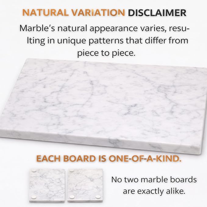 Marble Cheese and Pastry Board 16 x 12 Inch – Natural Carrara White Marble Cutting Board and Serving Tray for Dough, Bread, Pizza, Charcuterie – Heavy, Non-Slip, Gift-Ready.