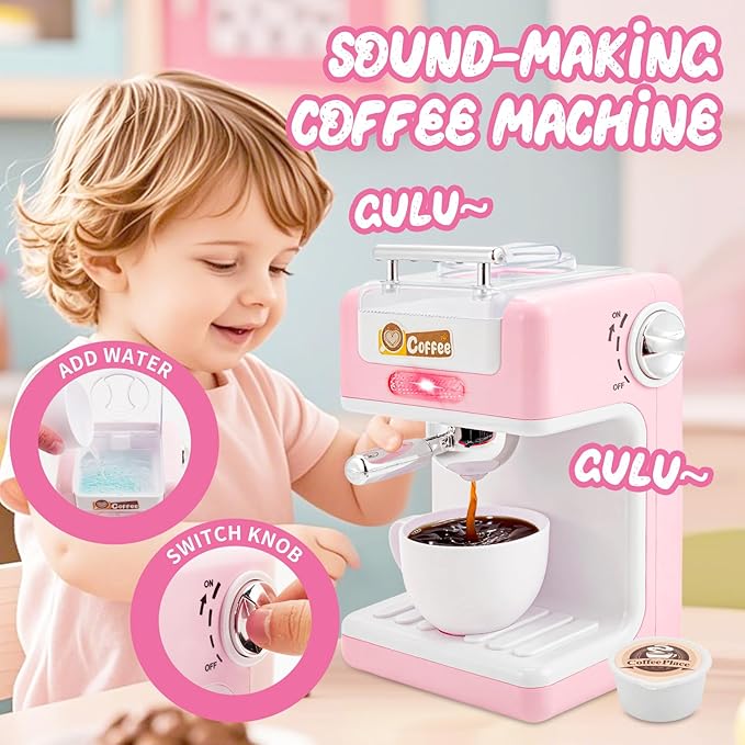 Kids Play Kitchen Accessories Toys Set,Prented Play Kitchen Appliances Playset,Blender,Coffee Maker,Mixer,Toaster with Light & Sound,Kitchen Sets for Kids Age 4-8,Pink Kitchen Toys for Toddler Girls