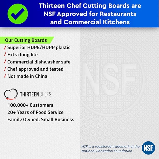 Thirteen Chefs Plastic Cutting Board - 18 x 12 x 0.5 Inch, Professional Grade HDPE, NSF Approved, Large Size and Dishwasher Safe