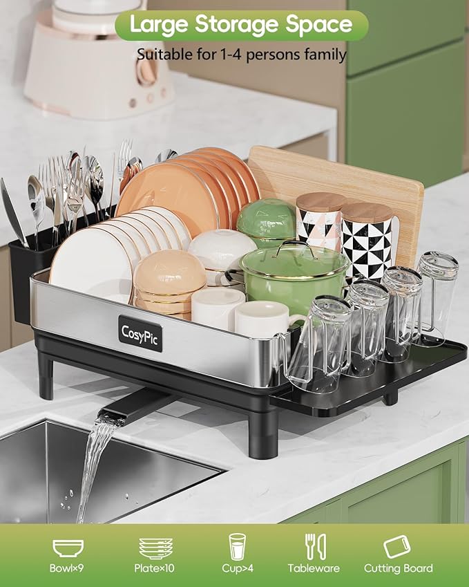 Dish Drying Rack, Thicker Premium 304 Stainless Steel Dish Racks for Kitchen Counter, Sink, Large Dish Drainer & Drainboard Set with Utensil Holder and Cup Holder, Pink