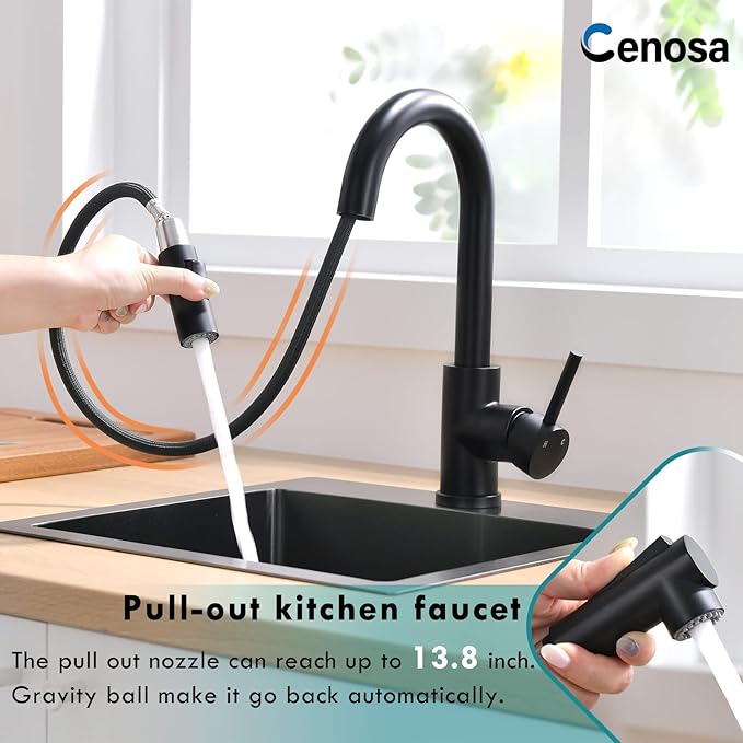 Modern Bar Sink Faucet for Kitchen Sink Single Handle with Pull Out Sprayer Hot and Cold Prep Sink Faucet Matte Black