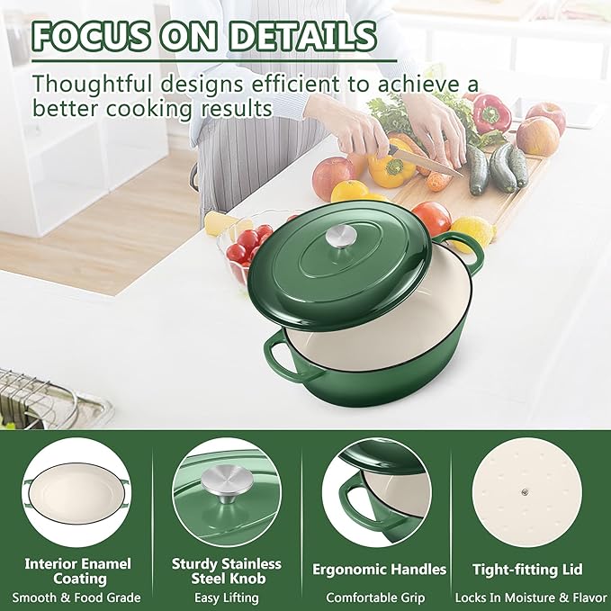 TeamFar Oval Dutch Oven, 5qt Enameled Cast Iron Dutch Oven Pot with Lid, For Bread Baking/Stewing/Braising/Frying, Suitable for Various Stoves, Dual Handles & Easy Cleanup, Basil Green