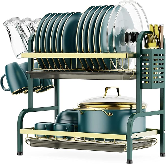 Dish Drying Rack,2 Tier Stainless Steel Dish Rack Drainboard Set,Utensil Holder, Cup Holder,Dish Drainer for Kitchen Counter,Space-Saving (Green Gold)