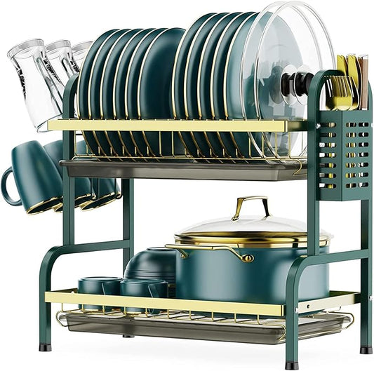 Dish Drying Rack,2 Tier Stainless Steel Dish Rack Drainboard Set,Utensil Holder, Cup Holder,Dish Drainer for Kitchen Counter,Space-Saving (Green Gold)