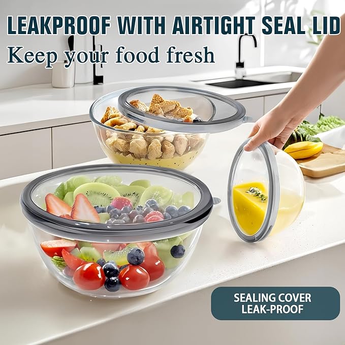 Glass Mixing Bowls with Lids Set(4.5QT, 2.7QT, 1.1QT),Glass Bowls with Lids Large Mixing Bowl Salad Bowls Space-Saving Nesting bowls Serving bowls Storage Container for Cooking,Baking,Prepping