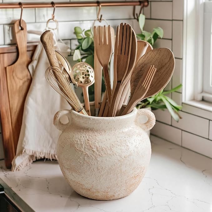 Qinyoung Rustic Kitchen Utensil Holder 6 Inch Small Ceramic Utensil Holder with Handle Vintage Crock Decoration Spatula Organizer for Kitchen Countertop Farmhouse Party Supplies(White,Elegant)