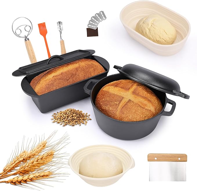 QuliMetal Cast Iron Cookware Set, 2-Piece Pre-Seasoned – 3.2QT Oval Bread Pan & 5QT Dutch Oven with Sourdough Starter Kit, Heavy Duty Cast Iron Bakeware for Artisan Bread, Home Cooking & Baking