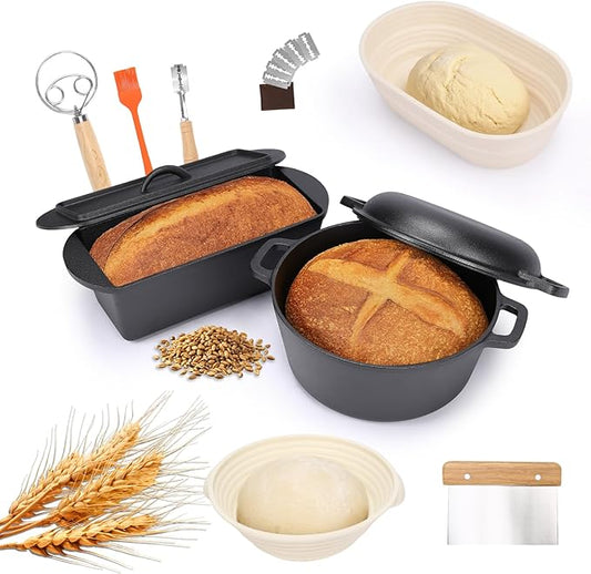 QuliMetal Cast Iron Cookware Set, 2-Piece Pre-Seasoned – 3.2QT Oval Bread Pan & 5QT Dutch Oven with Sourdough Starter Kit, Heavy Duty Cast Iron Bakeware for Artisan Bread, Home Cooking & Baking