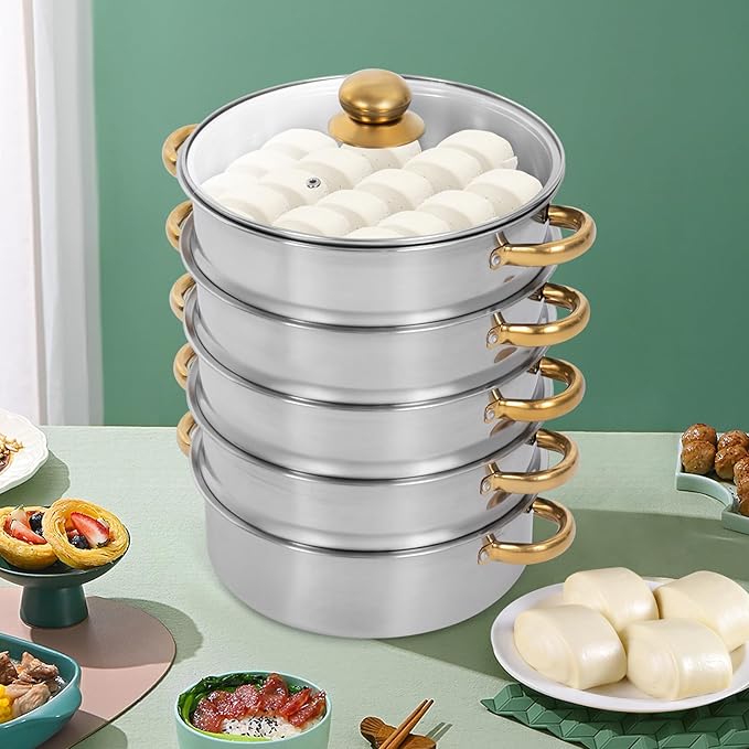 5-Tier Stainless Steel Steamer Pot, 2.38 Gal Large Capacity Food Steam Basket Set with Clear Lid, Multi-Layer Stackable Steamer for Vegetables, Meat, Dumplings, Healthy Cooking, Induction & Gas Stove Compatible