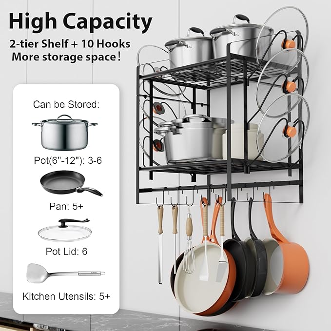 17 Inch Pot Rack Wall Mounted, 2 Tier Pots and Pans Organizer with 10 Hooks and 6 Pot Lid Holders, Heavy Duty Steel Pot and Pan Hanger for Kitchen Cookware Utensils Storage 24" Lx13 Wx20.5 H