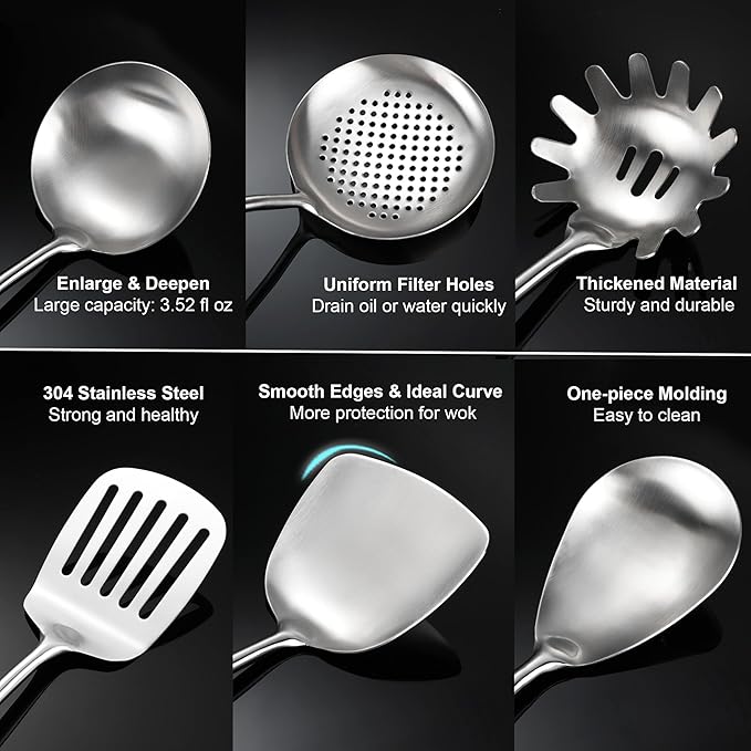 Stainless Steel Kitchen Utensils Set with Wooden Handle, 6 PCS Professional Cooking Utensils Set 15", Wok Spatula, Ladle, Skimmer, Slotted Spatula Turner, Spaghetti Spoon, Large Spoon