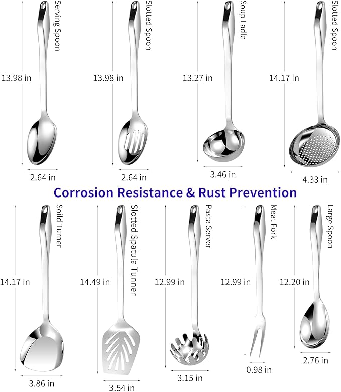 304 Stainless Steel Kitchen Utensil Set - 9pcs Cooking Utensils, Metal Kitchen Utensil Spatula Sets Cookware,High temperature resistance Kitchen Tool Set for Hanging Dishwasher Safe（Silver）