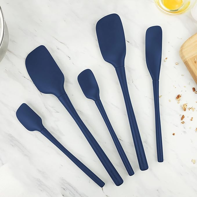 Tovolo Flex Core 5 Piece Silicone Spatula Set Heat Resistant All Silicone Utensils Include Non Stick Spatula Spoonula Jar Scraper, Dishwasher Safe BPA Free Spatulas for Baking Mixing, Deep Indigo