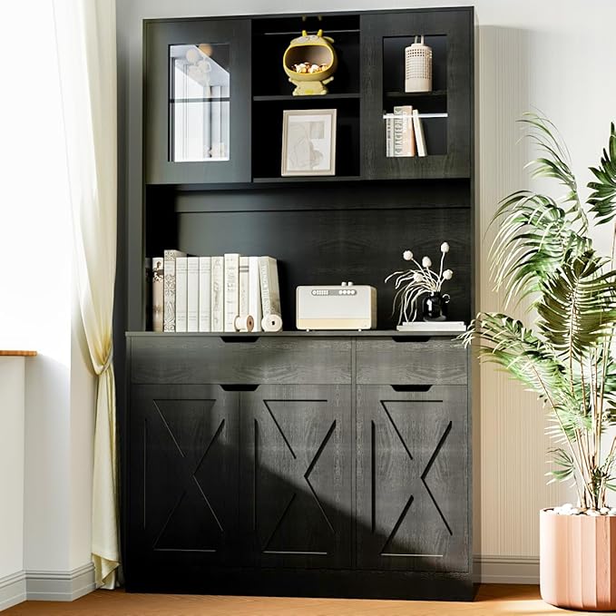 71" Tall Kitchen Pantry Storage Cabinet Large Farmhouse Hutch Cabinet with Microwave Stand, Charging Station, Adjustable Shelves, Countertop for Dining Room, Living Room, Black