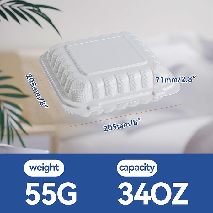 To Go Containers 8" 34 oz 55 Pack - Shrink Wrap BPA Free Mineral Filled PP | Reusable Dishwasher & Microwave Safe | Reusable Stackable Clamshell Takeout Picnic | White Catering Food Container