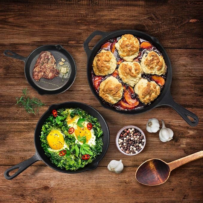Suteck Cast Iron Skillets 3 piece set | 6", 8" & 10" Pre-Seasoned Cast Iron Pans with 3 Silicone Heat-Resistant Holders - Indoor and Outdoor Use - Oven Grill Stovetop Induction Safe Cookware
