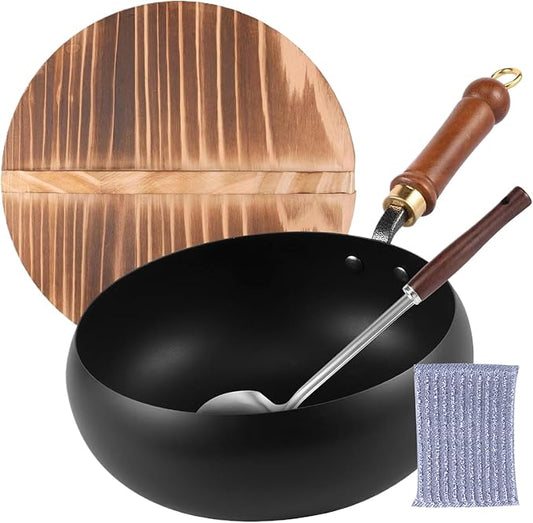 Hand-Forged Cast Iron W ok Pan, Big Belly Pot with Wood Lid, Cast Iron Frying Pan No Chem-ical Coated, Traditional Japanese Cookware for Induction, Ideal for All Hobs