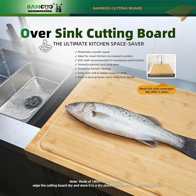24 x 18 Inch Large Bamboo Cutting Board and Stovetop Cover, Over-the-Sink Board with Detachable Support Legs & Secure Front Lip, Carving and Pasta Board