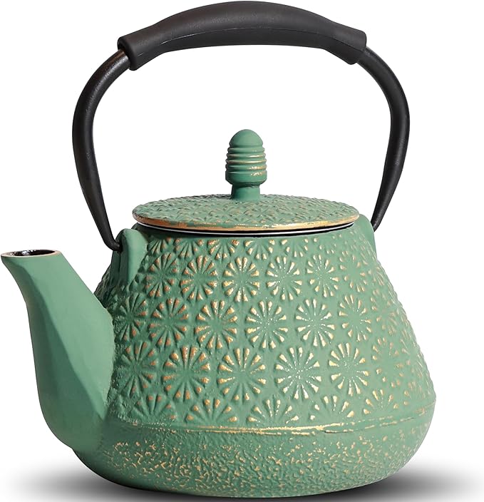 Cast Iron Teapot, 32oz Japanese Sakura Blossom Pattern Tea Kettle, Stovetop Safe, Infuser for Loose Leaf & Coffee, Silicone Handle, Enamel Interior, 950ml Green