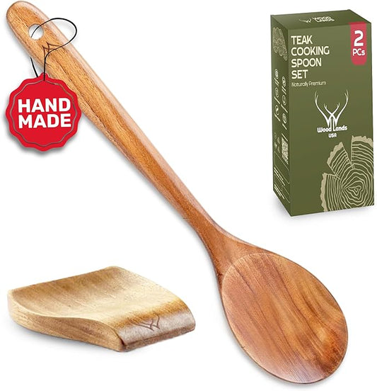 Premium Teak Wooden Spoon for Cooking with Large Spoon Rest - 12" Long Handle, Essential Wood Utensil Set for Kitchen & Perfect for Gifts