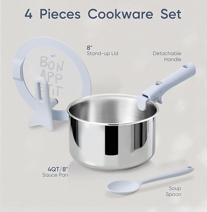 CAROTE 4QT Stainless Steel Sauce Pan with Stand-Up Lid, Nonstick Stainless Steel Pot with Detachable Handle, Non Toxic Kitchen Saucepan, Induction Kitchen Cookware, Oven Safe to 600°F