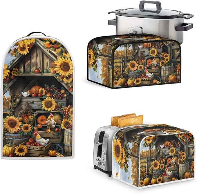 Sunflower Chicken Coop Kitchen Appliance Set,Universal Size Blender Cover, Slow Cooker Cover and Toaster Cover 4 Slice, Waffles Maker Oven Dust Cover Women Christmas Decorations
