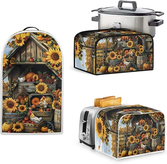 Sunflower Chicken Coop Kitchen Appliance Set,Universal Size Blender Cover, Slow Cooker Cover and Toaster Cover 4 Slice, Waffles Maker Oven Dust Cover Women Christmas Decorations