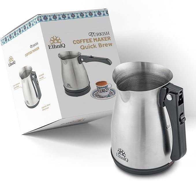 ETHNIQ Turkish Coffee Pot - Stainless Steel, 120V, 1 to 4 Cup Capacity, Fast Brewing, Delicious Cup of Turkish, Arabic & Greek Coffee Maker with Foldable Handle for Home & Travel & on-off Button