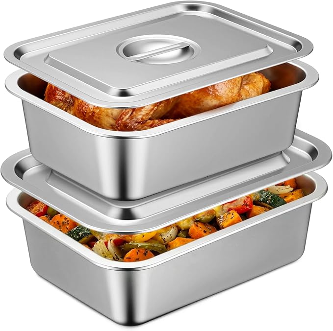 2 Pack 4 Inch Extra Deep Lasagna Baking Pan with Lid, 11.8"x15.7" 9.2qt&11"x14.2" 7.4qt Rectangular Large Stainless Steel Nonstick Lasagna Roasting Pans Set Deep Baking Dishes for Oven