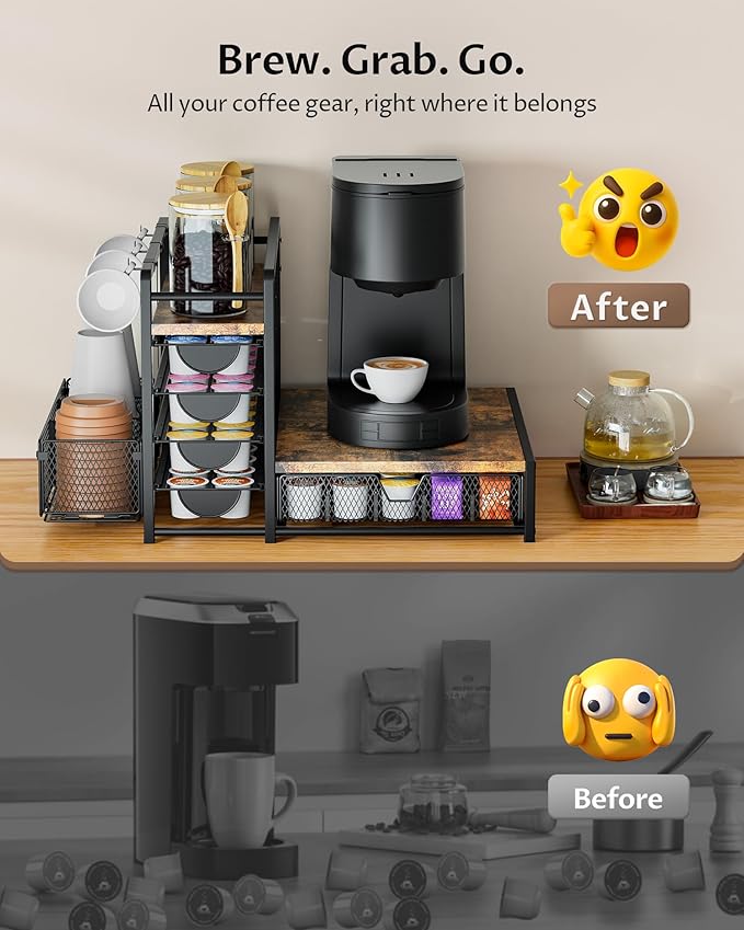 Coffee Bar Organizer - 90 K-Cup Capacity, 3 Hooks, Multi-Tier Storage for Pods, Mugs & Accessories, Tea Bags & Coffee Station Organizer, Space-Saving Kitchen Countertop K-Cup Holder
