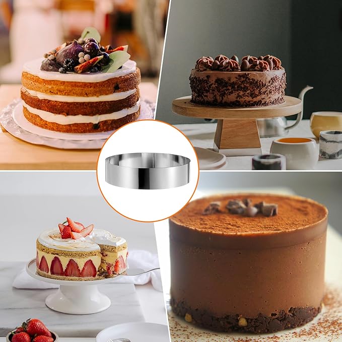 HARFINGTON 4PCS Round Cake Ring 8 x 2 Inch Seamless Stainless Steel Pastry Mousse Dessert Ring Mirror Coating for Baking Cooking Making Tool