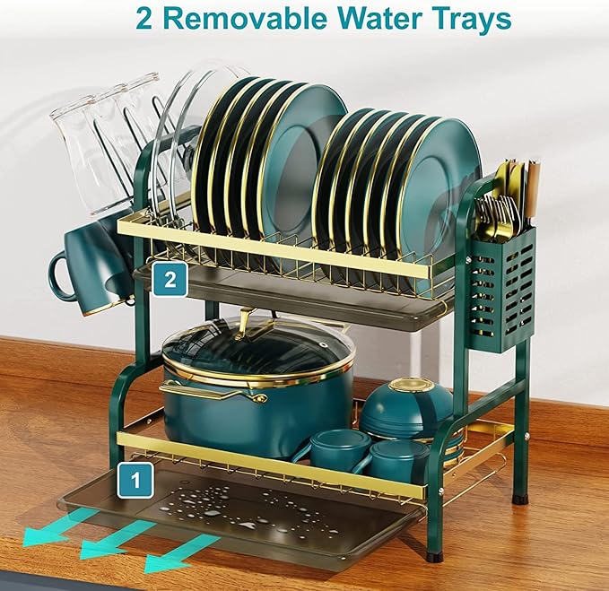 Dish Drying Rack,2 Tier Stainless Steel Dish Rack Drainboard Set,Utensil Holder, Cup Holder,Dish Drainer for Kitchen Counter,Space-Saving (Green Gold)