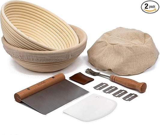 Kook Banneton Bread Proofing Set, Artisan Sourdough Bread Making Kit, 9 Inch Handwoven Rattan Baskets and Liners, Metal & Plastic Dough Scrapers, Scoring Lame & Case, 4 Extra Blades, Set of 2, Round