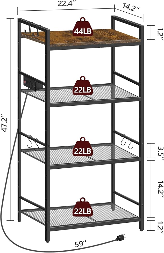 Bakers Rack with Power Outlet, Microwave Stand with Hooks, Multifunctional Storage Rack, Coffee Bar with Enclosure, Kitchen Storage Shelf, for Kitchen, Dining Room, Rustic Brown BRHR40E01N1