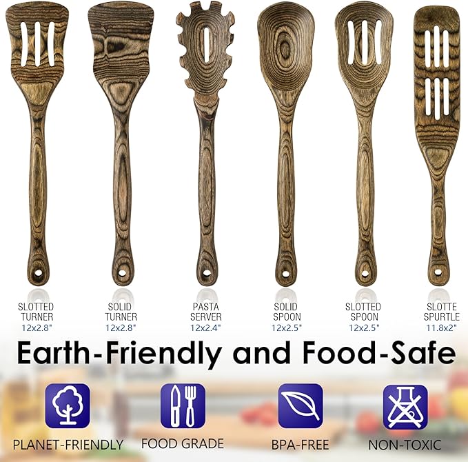 Wooden Spoons for Cooking, Pakkawood Kitchen Utensil Set Granite, Premium Durable Wooden Utensils for Nonstick Cookware, Heat Resistant, Smooth Finish, Comfortable Grip, 6 Piece