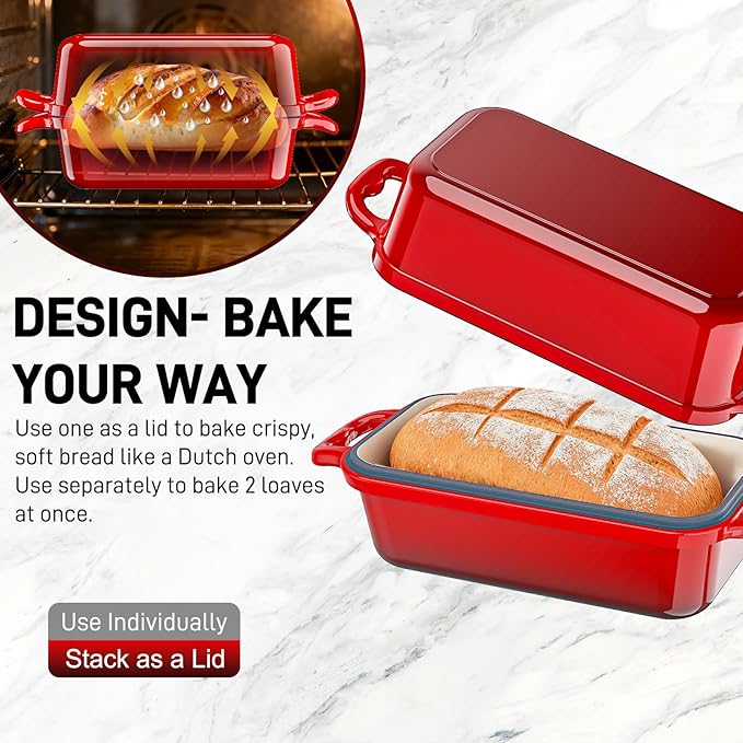 Enameled Cast Iron Dutch Oven for Sourdough Bread Baking, 9 x 5Inch Oval Cast Iron Bread Pan with Lid, 2PCS Dutch Oven for Homemade Sourdough Baking, Meatloaf Pan, Oven Safe, Red