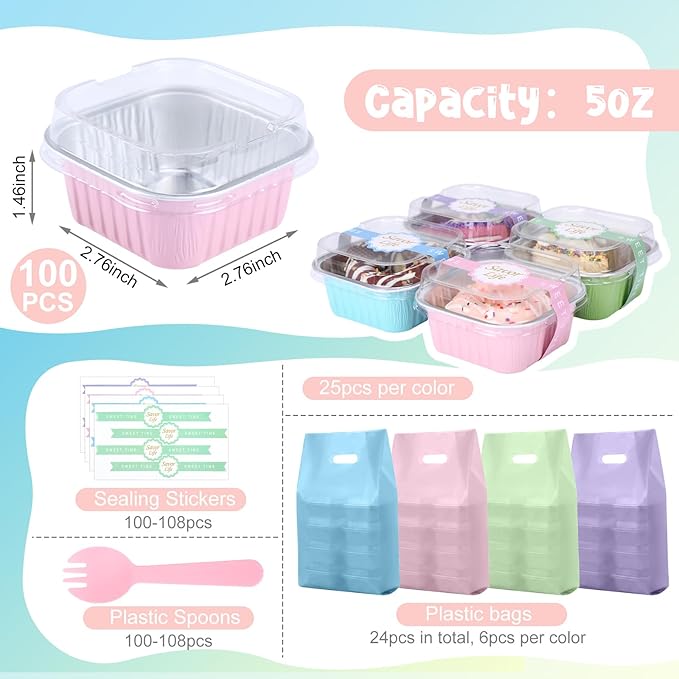 424 Pack Macaron Mini Cake Pans Set with Lids and Spoons Include 100 Macaron 5oz Disposable Aluminum Foil Baking Pans 100 Lids 100 Spoons 100 Sealing Stickers 24 Gift Bags for Dessert